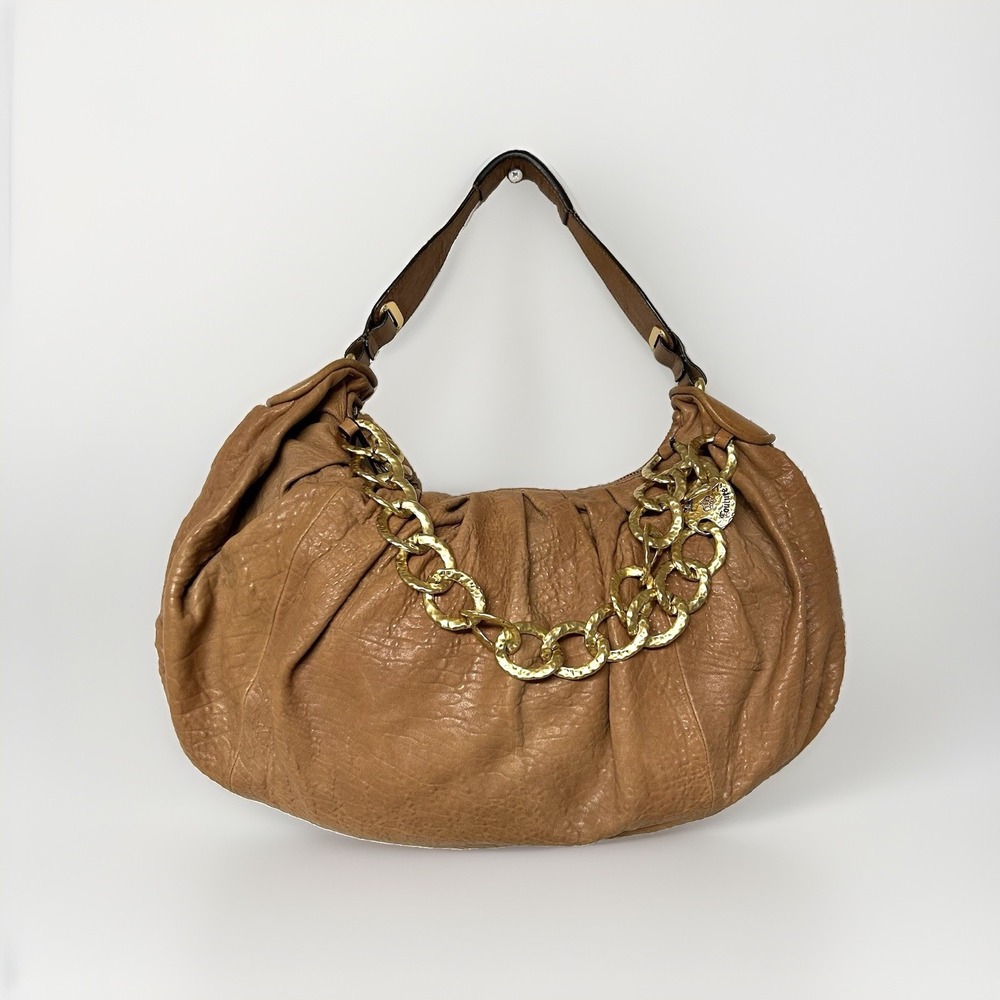 Vtg Y2k Juicy Couture Brown Leather Bag Slouchy Hobo Chunky Gold Chain Boho